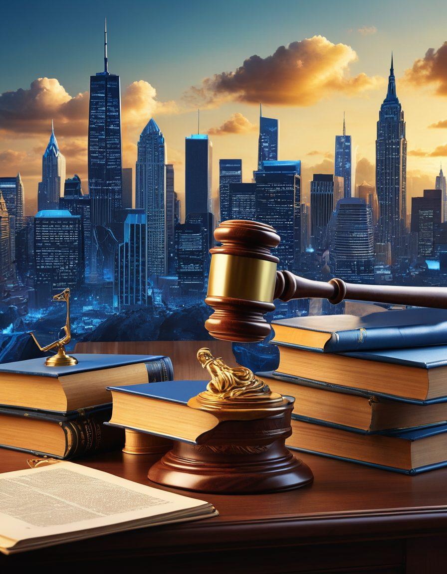 A dynamic collage featuring a gavel, legal books, and flowing scrolls of legislation amidst a city skyline representing public policy. Include diverse people discussing around a table, highlighting collaboration in law-making. Use blue and gold tones for a professional feel. super-realistic. vibrant colors. 3D.