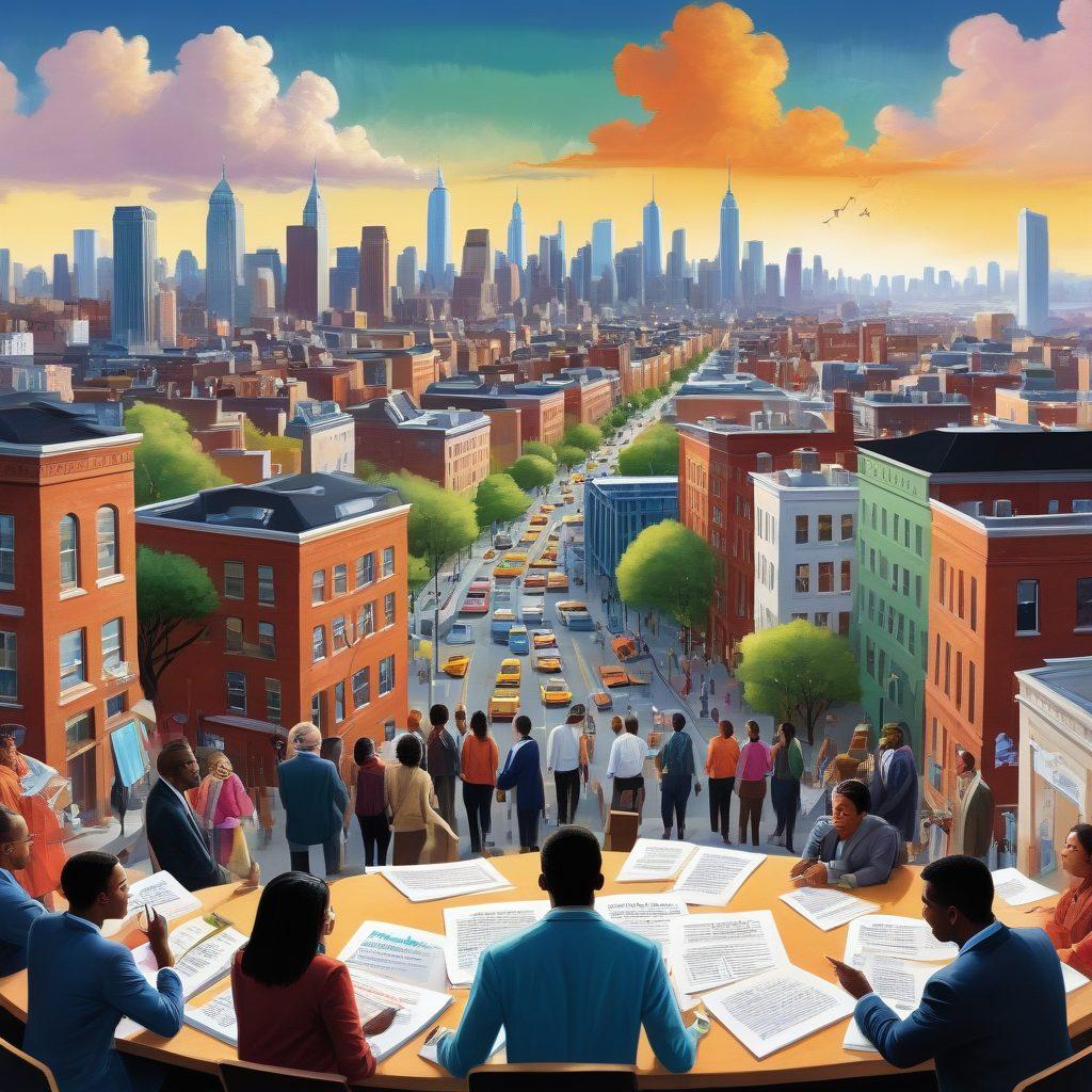 A dynamic scene depicting a diverse group of people passionately discussing public policy, with legal books and advocacy tools scattered around. In the background, a city skyline representing government and change. The atmosphere is vibrant and inspiring, filled with colors that symbolize hope and action. Include speech bubbles illustrating key concepts of advocacy and policy engagement. super-realistic. vibrant colors. urban setting.